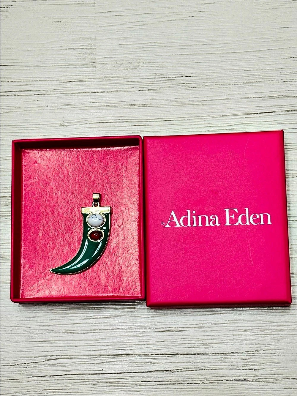 Adina Eden Gold-tone Green Crescent Pendant with White and Red Cabochons New